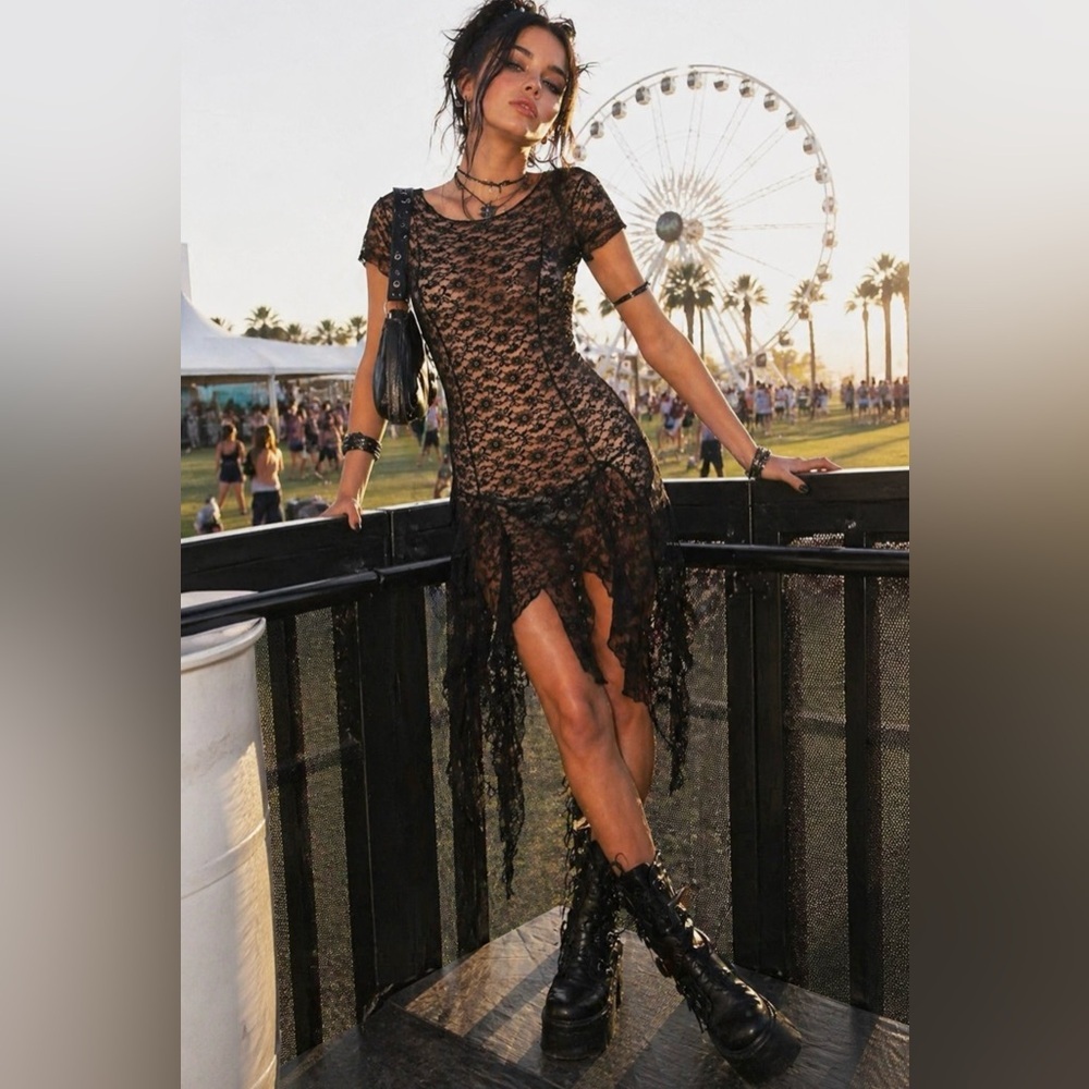 Forever 21 Black Sheer Lace Dress Asymmetrical Hem Grunge Goth Y2K Large NWT